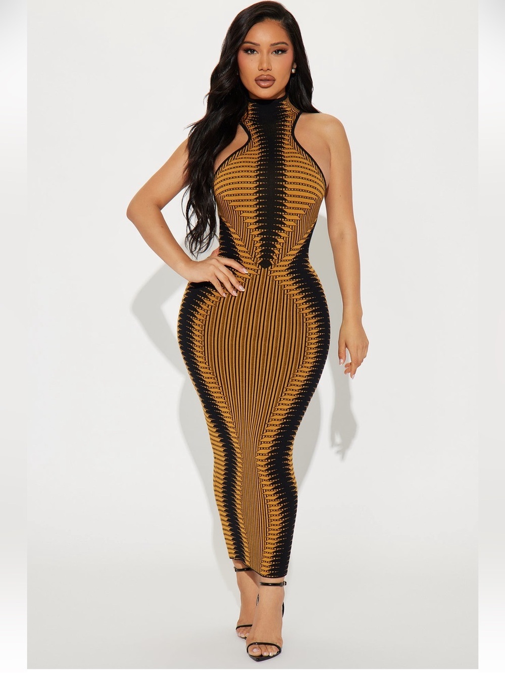 Fashion Nova Black Gold Geometric Bandage Maxi Dress Bodycon - Picture 2 of 6
